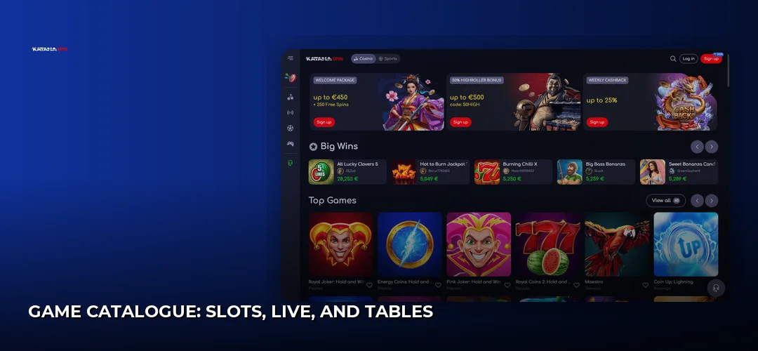Game catalogue: slots, live, and tables